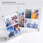 Clear acrylic multi-photo collage frames displaying vacation and family photos, direct factory supply with customization options