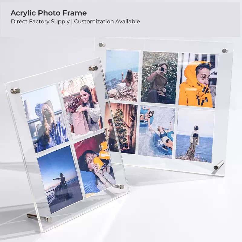 Clear acrylic multi-photo collage frames displaying vacation and family photos, direct factory supply with customization options