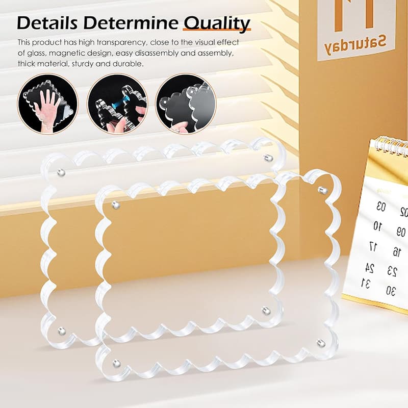 Dimension chart of Square Wavy Edge Acrylic Magnetic Photo Frame, fits 5×5 inch photos with strong magnetic fixation