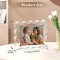 Dimension chart of Wavy Edge Clear Acrylic Magnetic Photo Frame, fits 3.4×2.1 inch photos, 0.8 inches thick for tabletop display