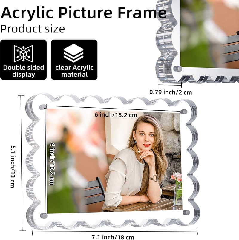 Dimension chart of Wavy Edge Clear Acrylic Magnetic Photo Frame, fits 4×6 inch photos with double-sided display capability