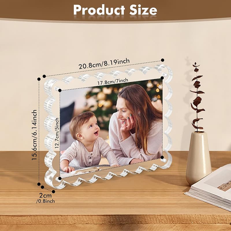 Dimension chart of Wavy Edge Clear Acrylic Magnetic Photo Frame, fits 5×7 inch photos, 0.8 inches thick for stability