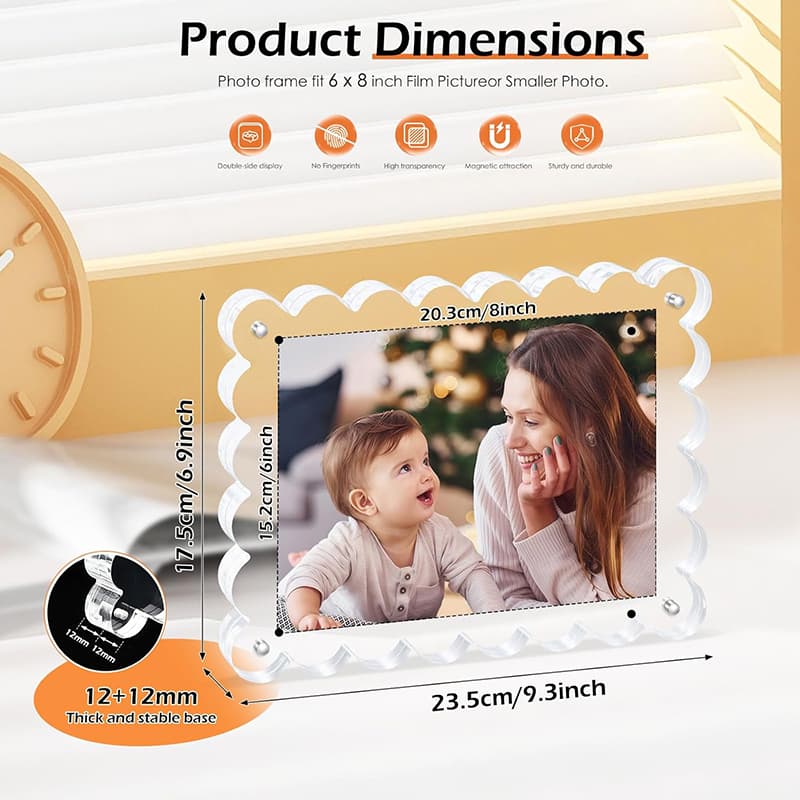Dimension chart of Wavy Edge Clear Acrylic Magnetic Photo Frame, fits 6×8 inch photos with 12+12mm thick, stable base