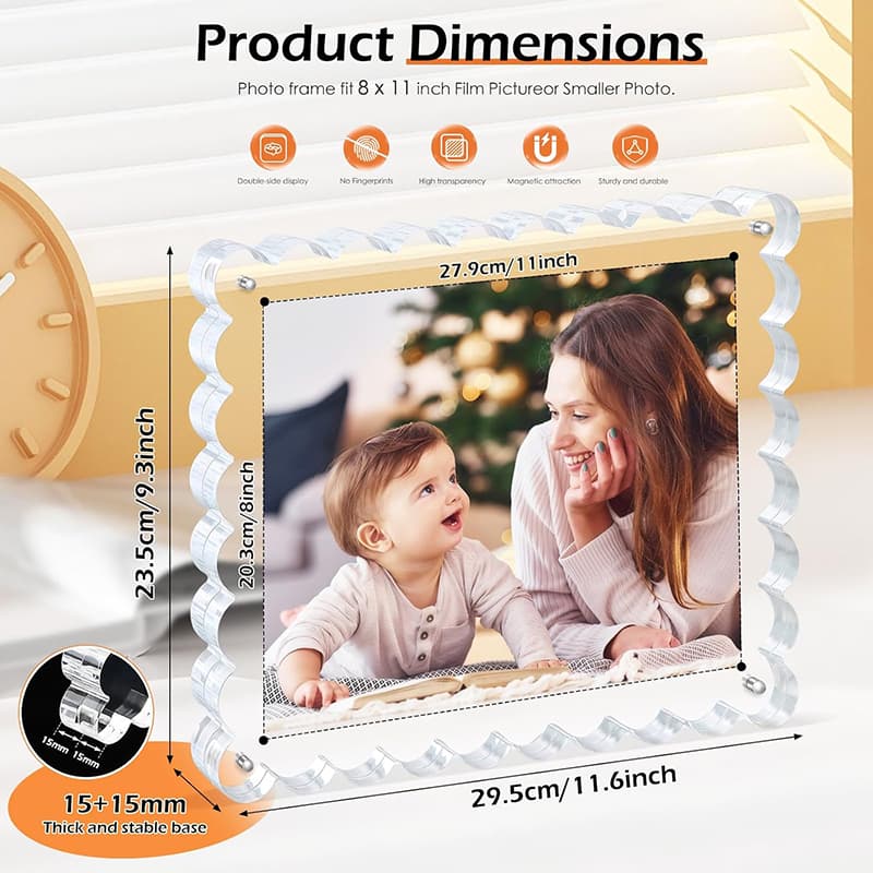 Dimension chart of Wavy Edge Clear Acrylic Magnetic Photo Frame, fits 8×11 inch photos with 15+15mm thick, stable base for large-format display