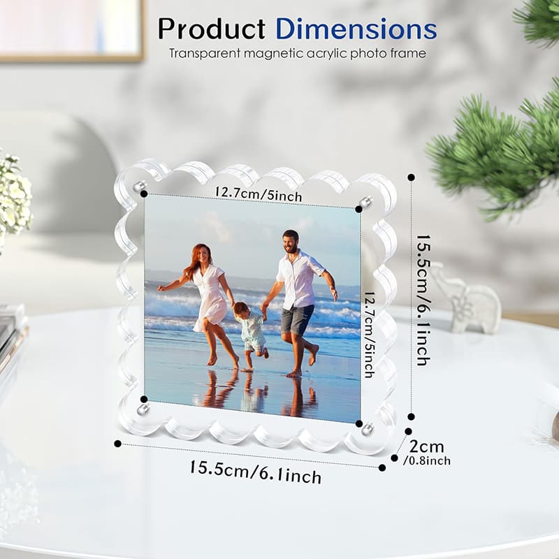 Dimension chart of Square Wavy Edge Acrylic Magnetic Photo Frame, fits 5×5 inch photos with strong magnetic fixation