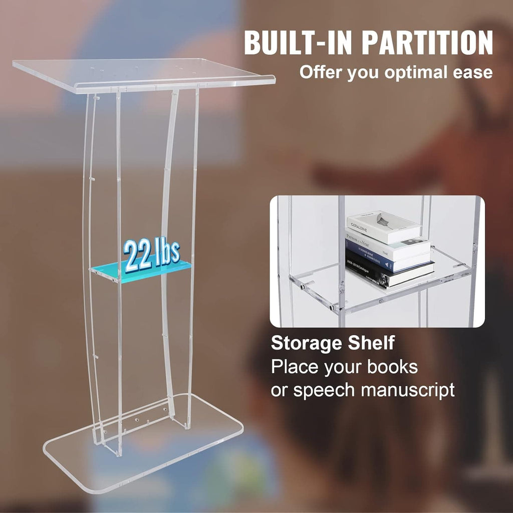 Clear acrylic podium with a built-in 22 lbs capacity storage shelf for books and manuscripts, designed for optimal convenience during speeches