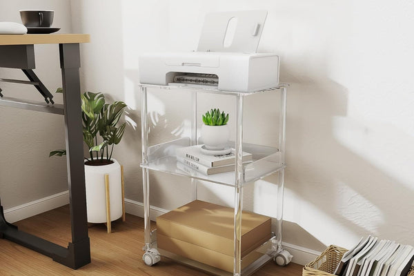 3-Tier Clear Acrylic Rolling Printer Stand – Mobile Under-Desk Storage Cart with Lockable Casters, Anti-Fall Baffles & 30 LB Capacity per Shelf