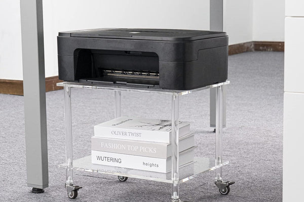 Clear Acrylic 2-Tier Rolling Printer Stand – Mobile Under-Desk Printer Cart with Lockable Casters, 100 LB Capacity