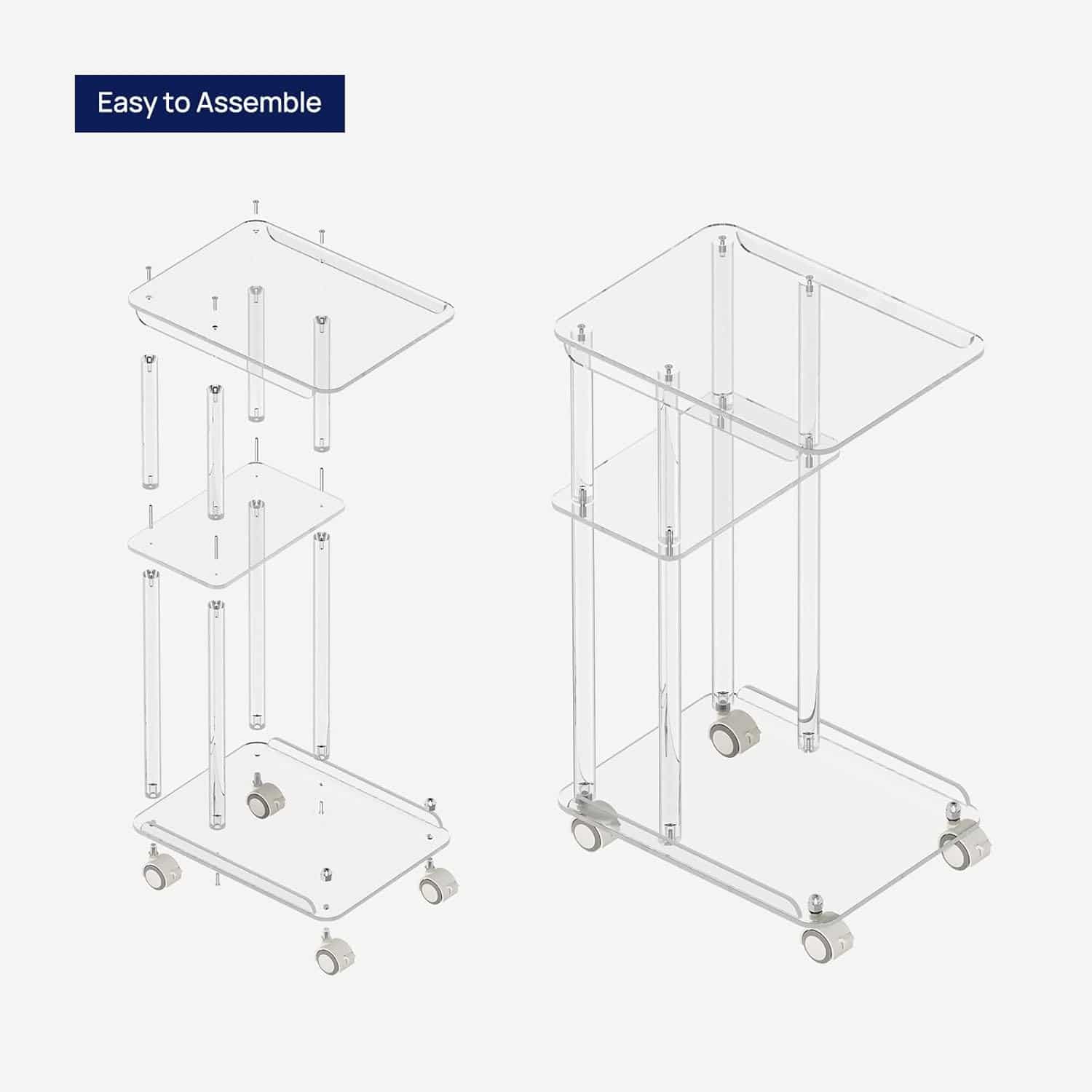 Easy assembly demonstration of a 3-tier acrylic rolling side table, showing its detachable structure