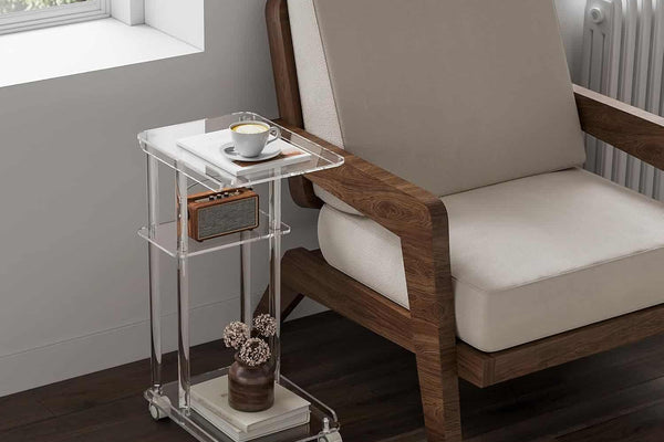 3-Tier Clear Acrylic Rolling Side Table with Wheels - Mobile End Table for Living Room, Bedroom & Office