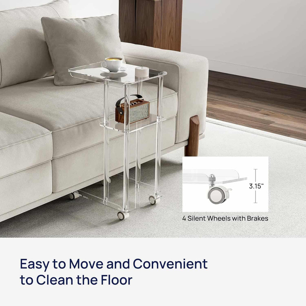 A 3-tier acrylic rolling side table by a sofa, highlighting its 4 silent wheels with brakes for easy movement