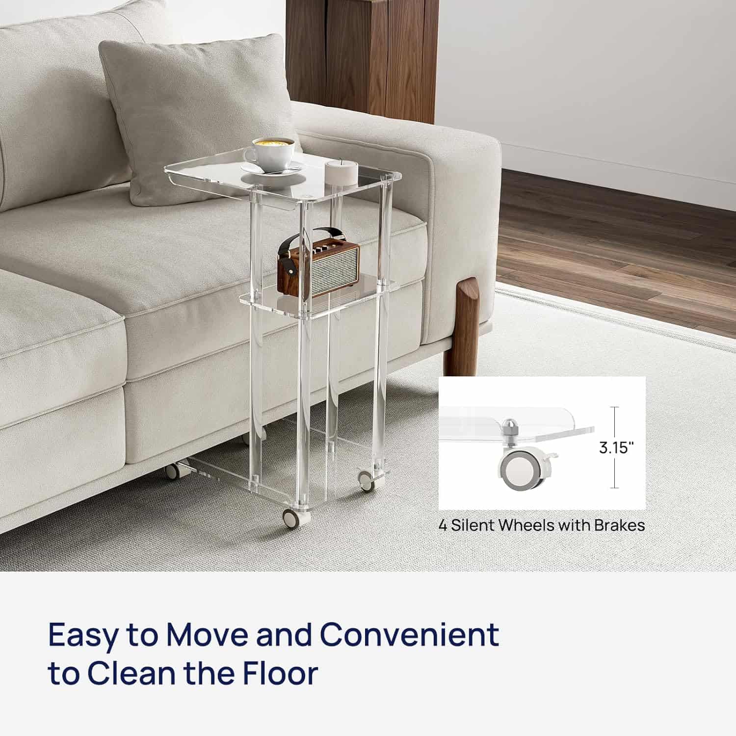 A 3-tier acrylic rolling side table by a sofa, highlighting its 4 silent wheels with brakes for easy movement