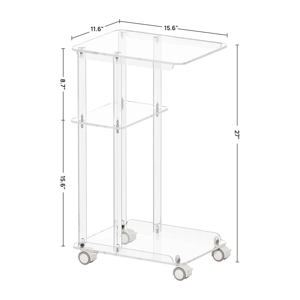 Dimension diagram of a 3-tier acrylic rolling side table, showing 15.6" x 11.6" tabletop and 27" total height