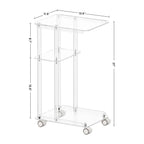 Dimension diagram of a 3-tier acrylic rolling side table, showing 15.6" x 11.6" tabletop and 27" total height