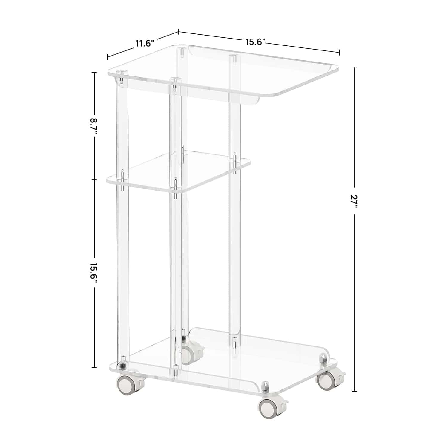 Dimension diagram of a 3-tier acrylic rolling side table, showing 15.6" x 11.6" tabletop and 27" total height