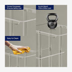 Product feature demonstration of an acrylic rolling side table, including 30 lbs loading capacity, easy-to-clean surface, and safe rounded corners