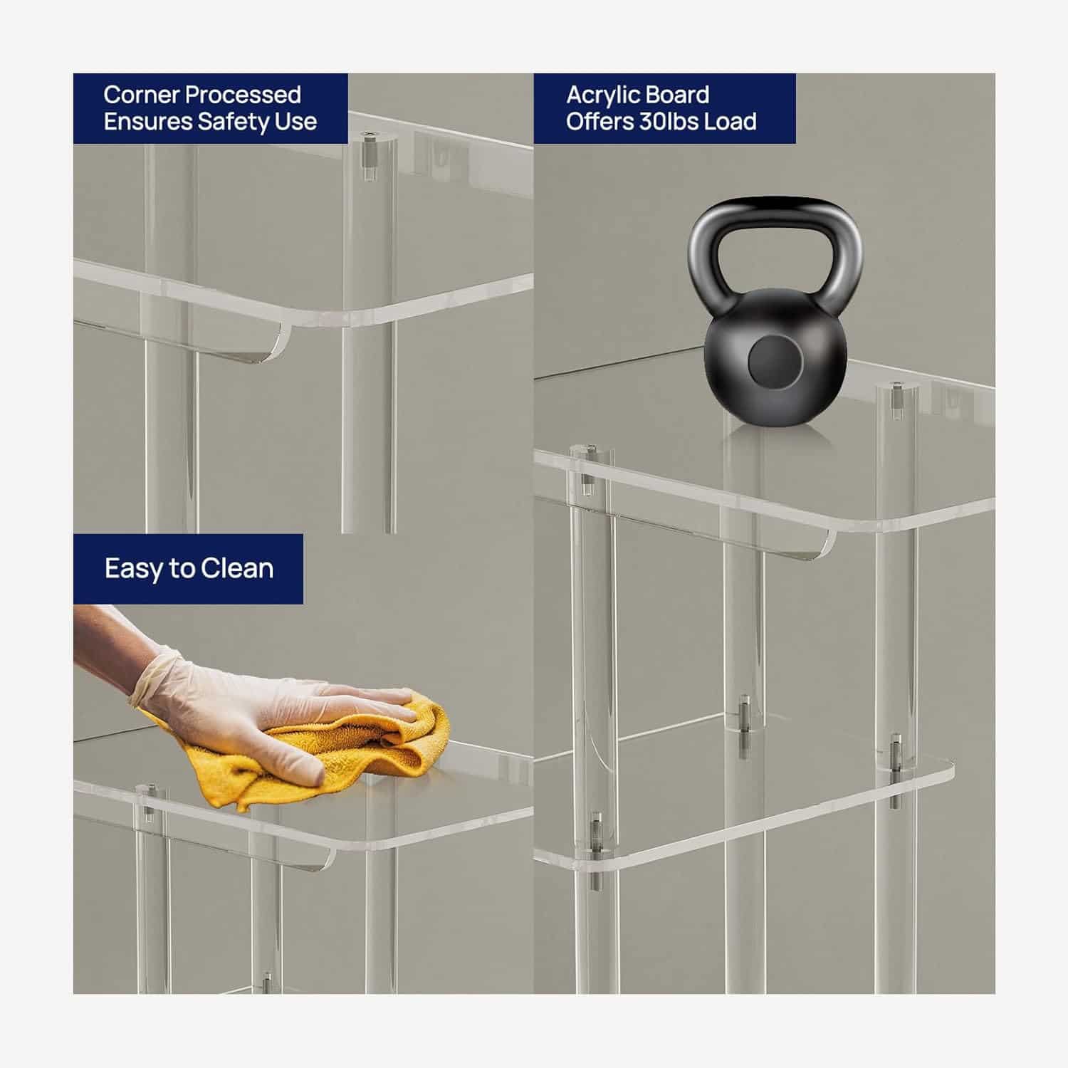 Product feature demonstration of an acrylic rolling side table, including 30 lbs loading capacity, easy-to-clean surface, and safe rounded corners