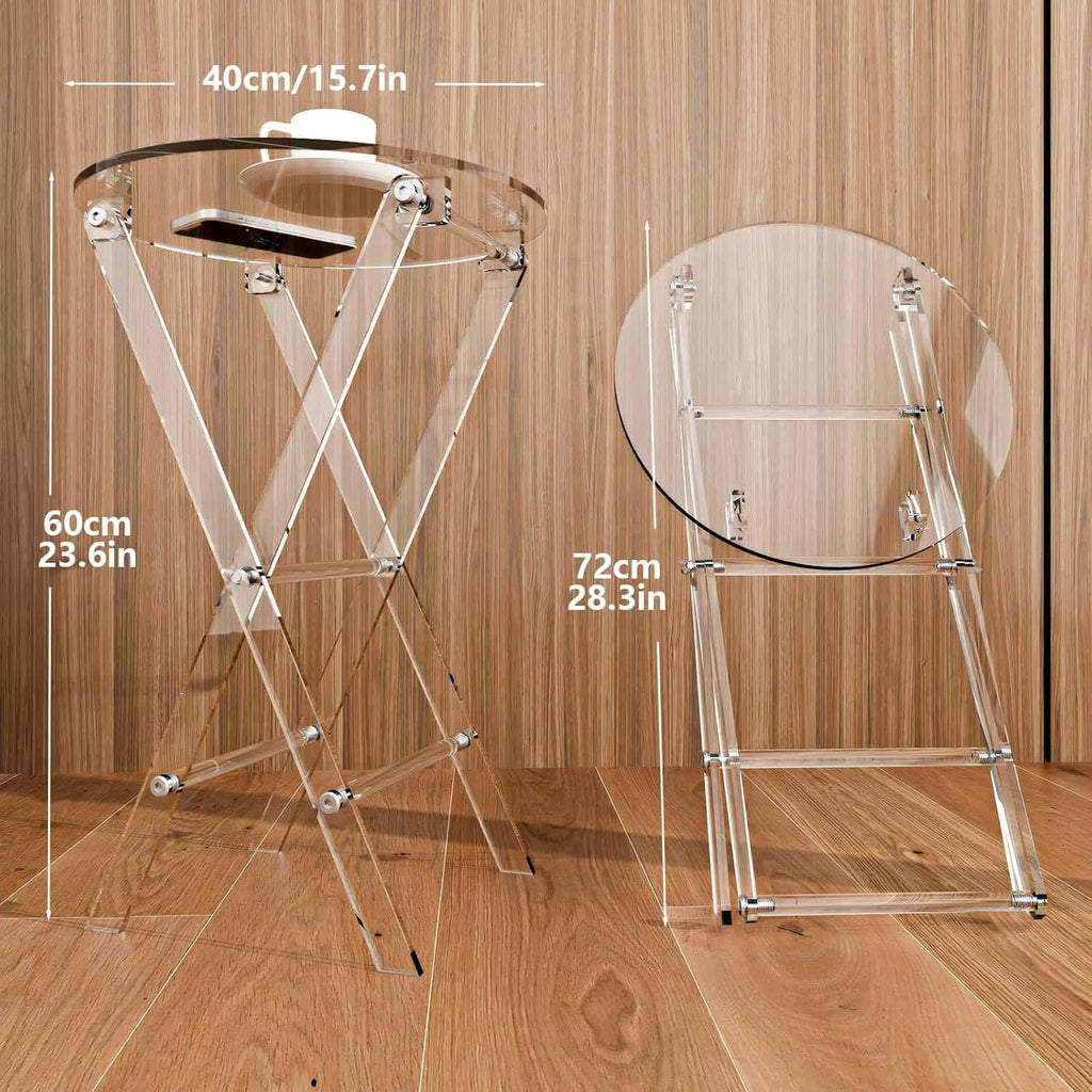 Acrylic table with X-frame and stabilizing rods, highlighting its enhanced stability and sturdy construction.