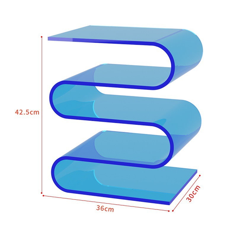 Dimension diagram of S curve acrylic side table, 36x30x42.5cm, blue acrylic nightstand size drawing