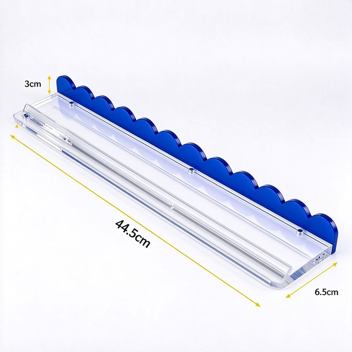 Blue acrylic scalloped edge floating wall shelf 44.5cm, dimension marked product photo, white background