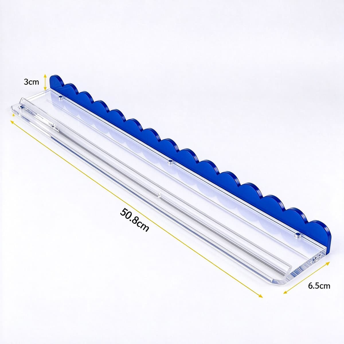 Blue acrylic scalloped edge floating wall shelf 50.8cm, dimension marked product photo, white background
