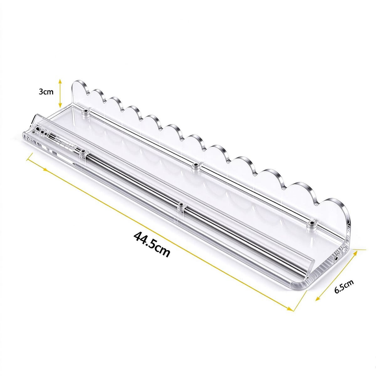 Clear acrylic scalloped edge floating wall shelf 44.5cm, dimension marked product photo, white background