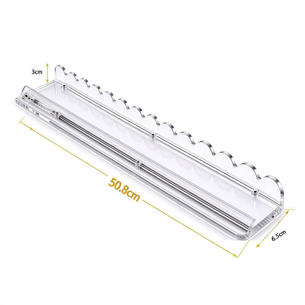 Clear acrylic scalloped edge floating wall shelf 50.8cm, dimension marked product photo, white background