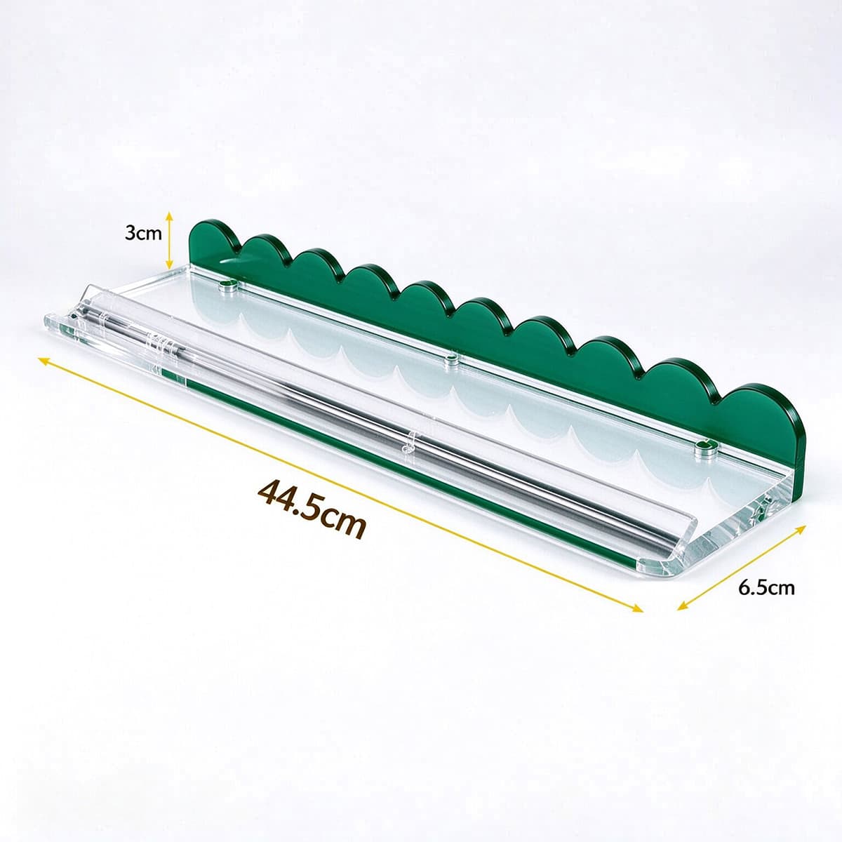 Green acrylic scalloped edge floating wall shelf 44.5cm, dimension marked product photo, white background