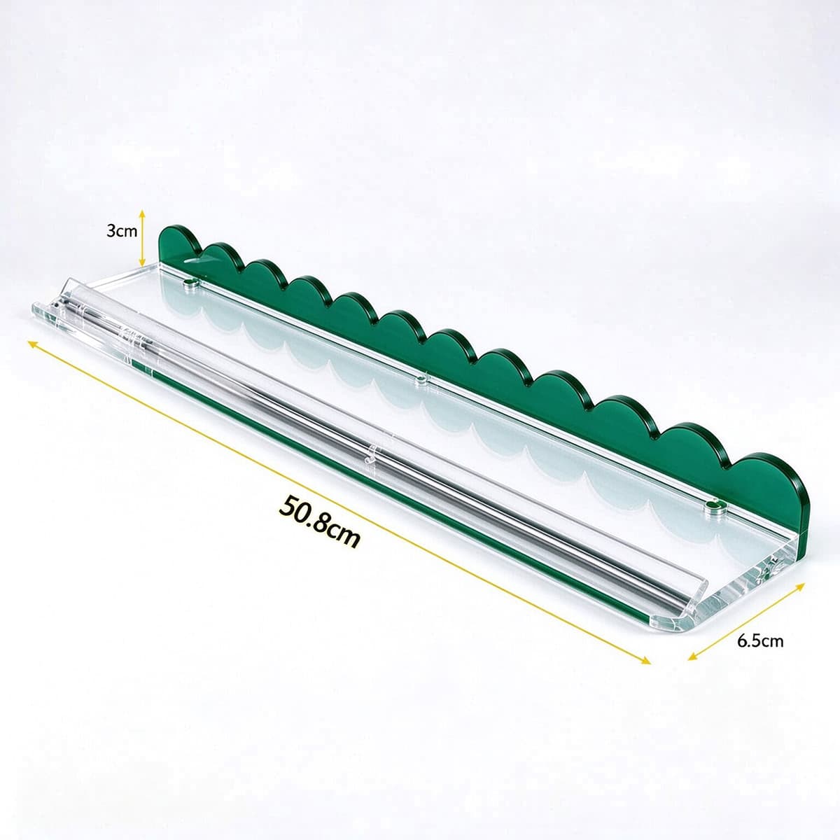 Green acrylic scalloped edge floating wall shelf 50.8cm, dimension marked product photo, white background