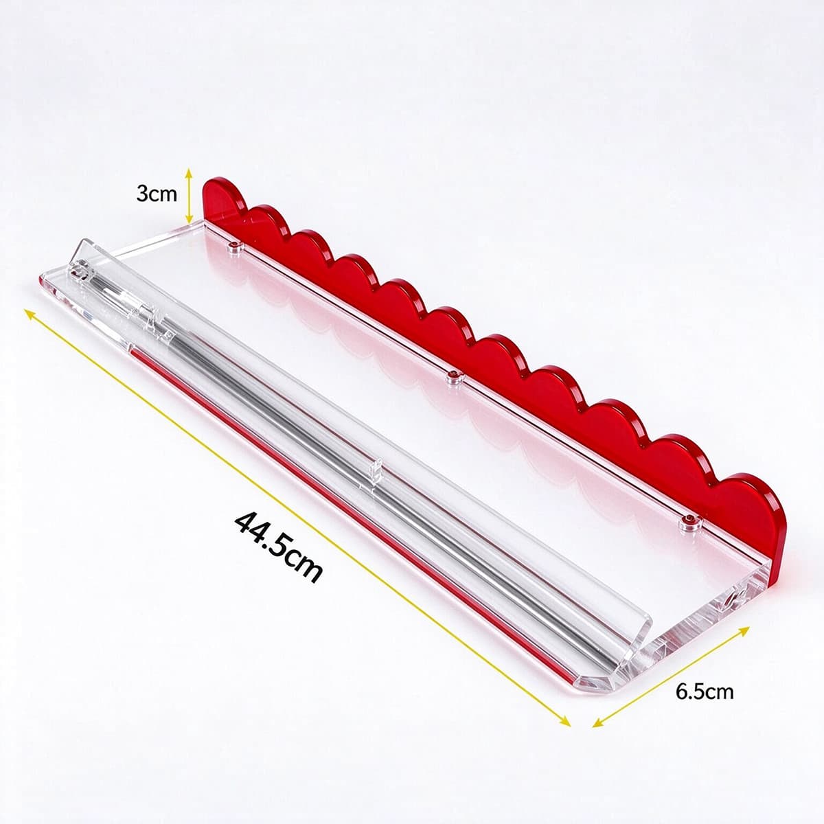 Red acrylic scalloped edge floating wall shelf 44.5cm, dimension marked product photo, white background