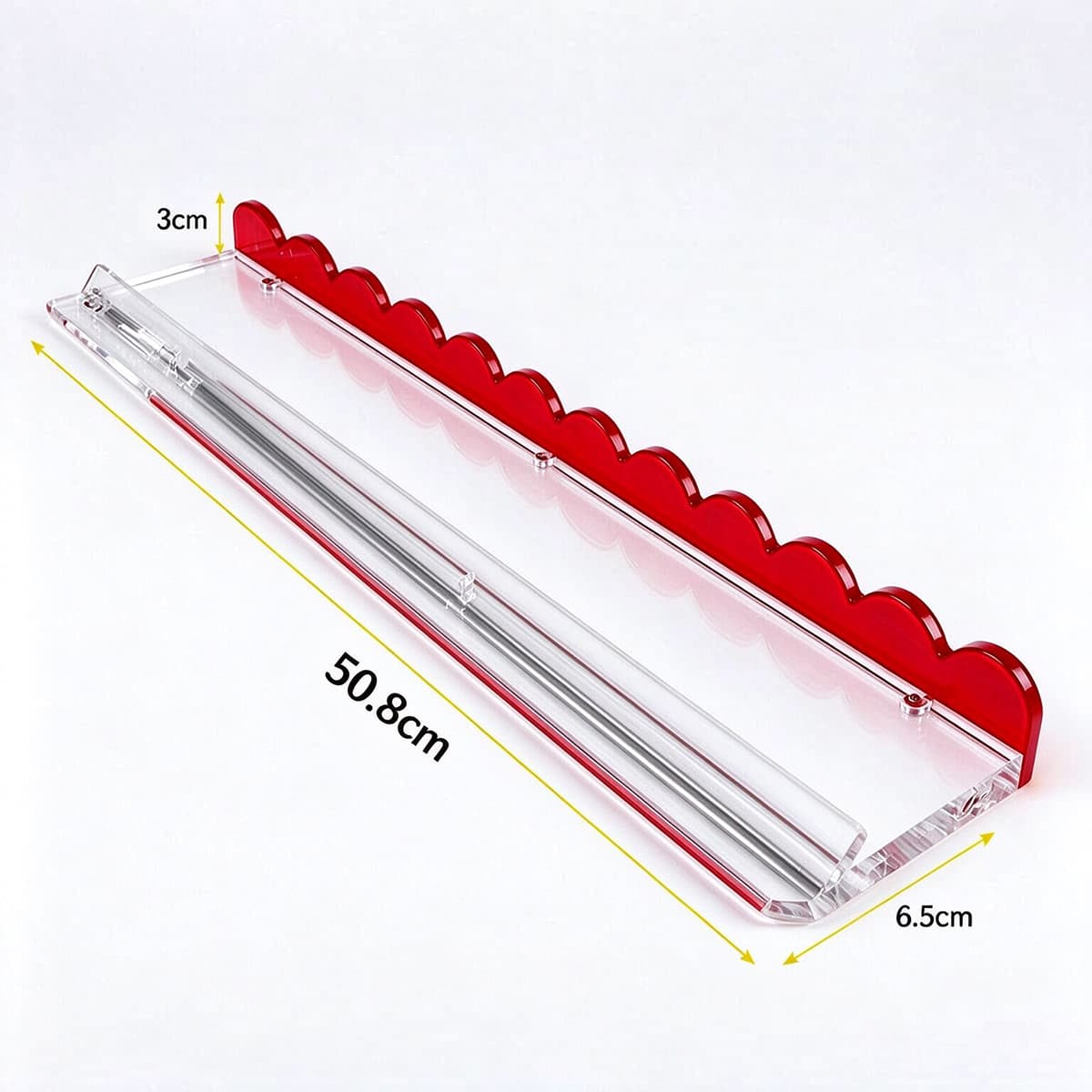 Red acrylic scalloped edge floating wall shelf 50.8cm, dimension marked product photo, white background