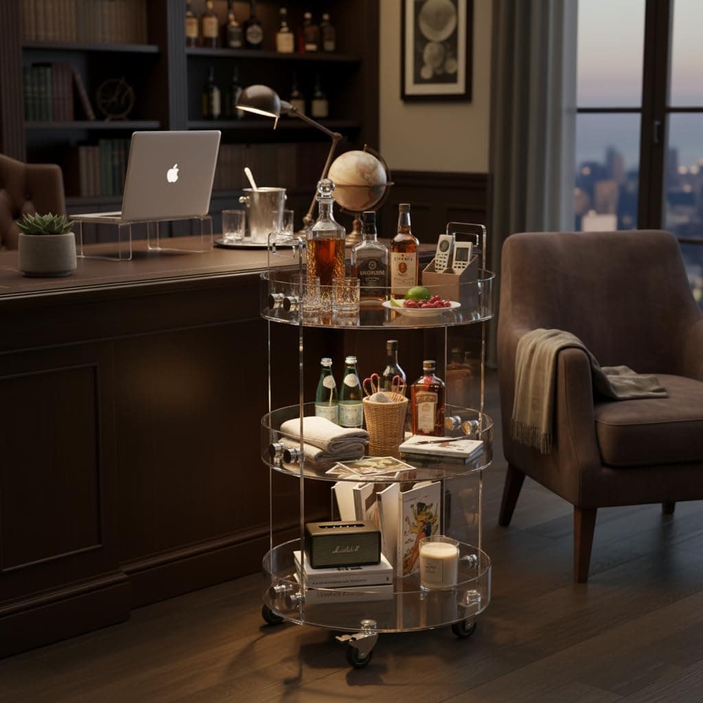 3-tier acrylic serving cart in a sophisticated home bar setting, stocked with spirits, mixers, and bar tools for entertaining