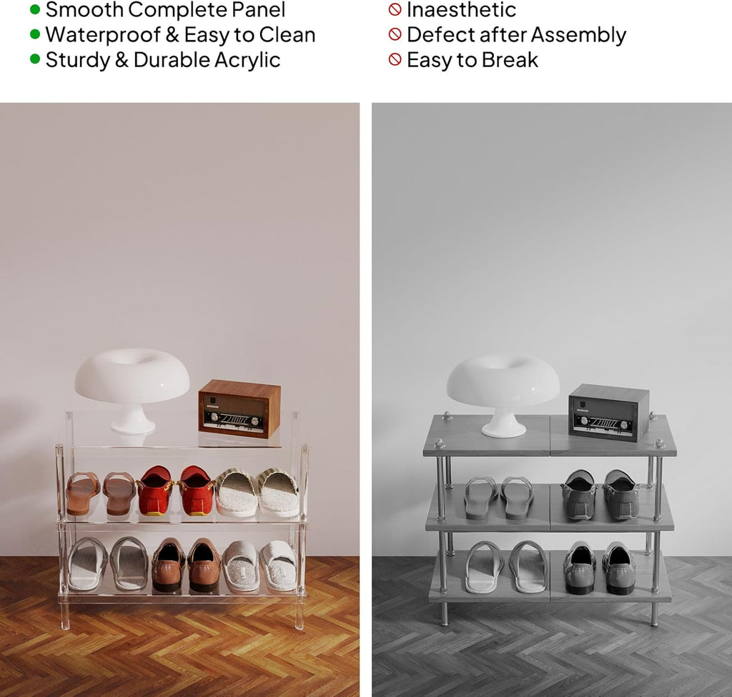 Comparison between a seamless acrylic shoe rack (smooth, waterproof, durable) and a cheap alternative (aesthetic defects, easy to break)
