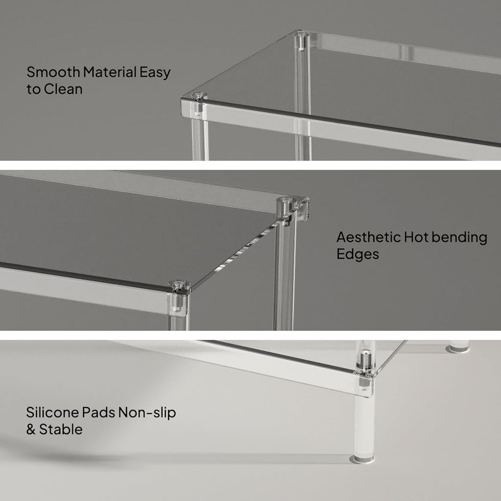 Close-up details of acrylic shoe rack: smooth easy-to-clean surface, aesthetic hot-bending edges, non-slip silicone pads