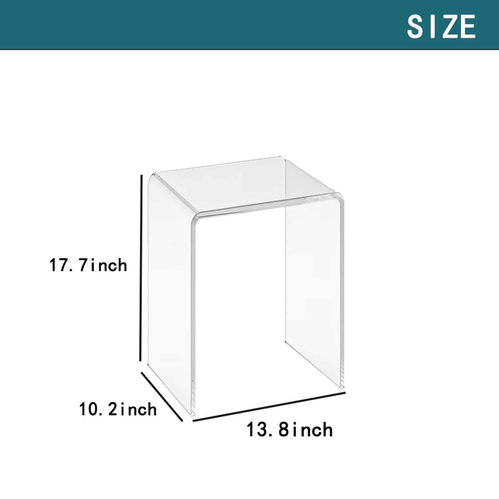 Acrylic shower bench size specs: 13.8"L × 10.2"W × 17.7"H, one-piece molded design