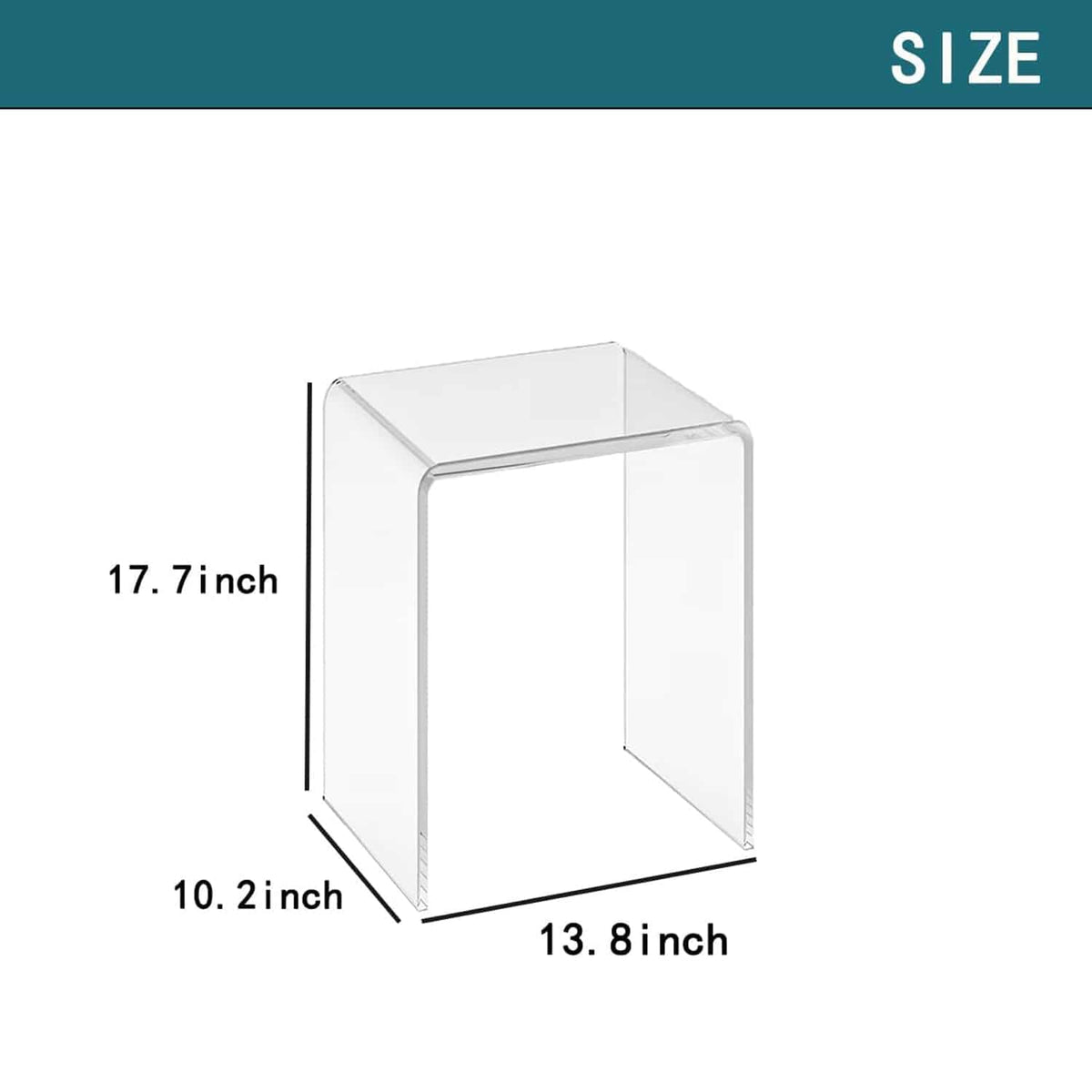 Acrylic shower bench size specs: 13.8"L × 10.2"W × 17.7"H, one-piece molded design