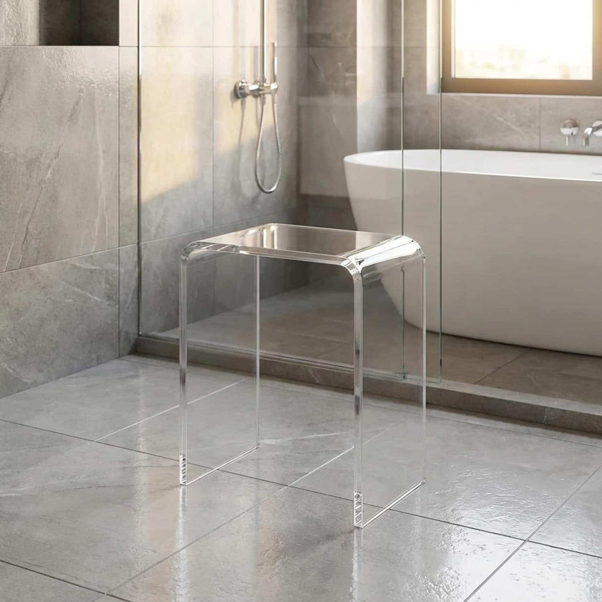 Clear acrylic shower stool in a modern luxury bathroom with a freestanding tub