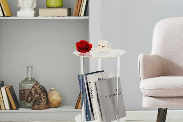 2-Tier Clear Acrylic Round Side Table - Minimalist End Table for Living Room, Bedroom & Small Spaces