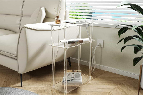 3-Tier Clear Acrylic Side Table with Charging Station - Modern End Table for Living Room & Bedroom