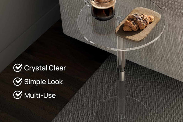Clear Acrylic Round Side Table - Adjustable Height Small End Table for Living Room, Bedroom & Bathroom