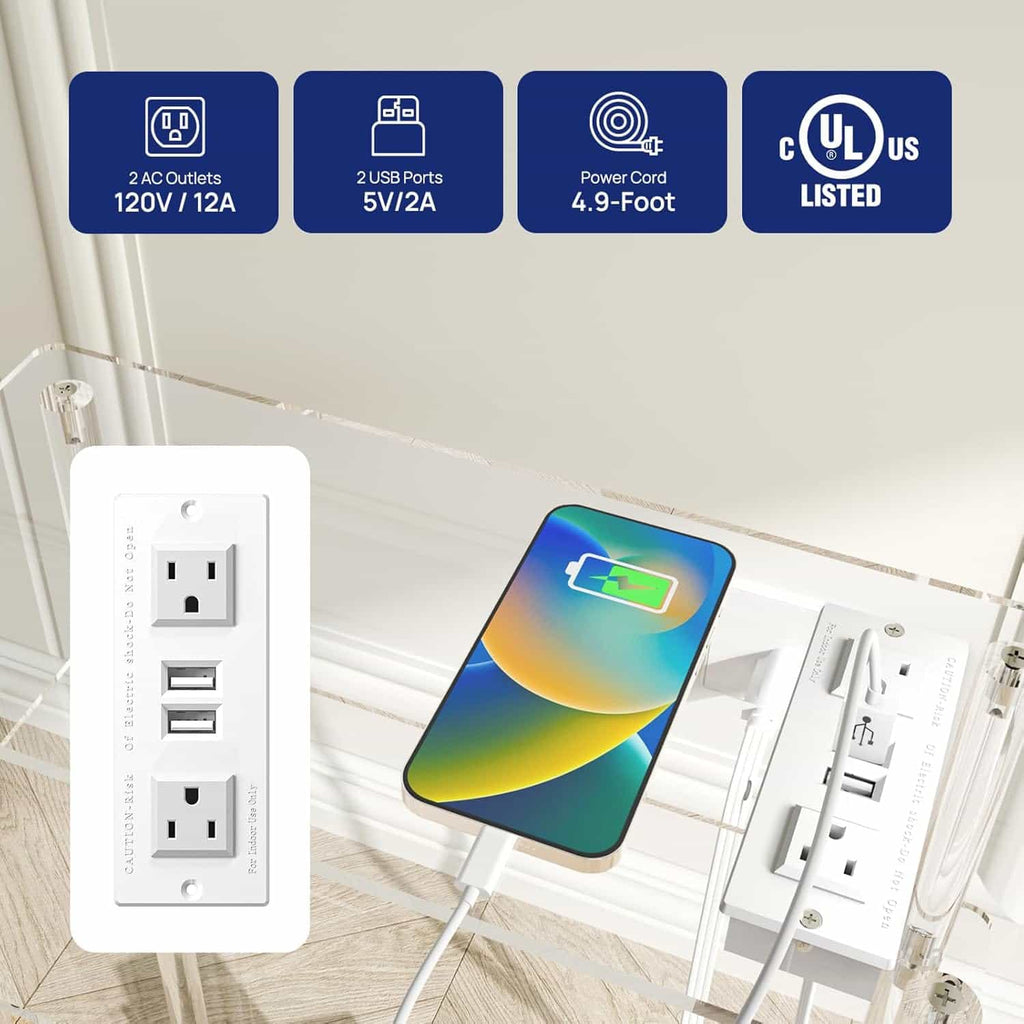 Close-up of the built-in charging station on a 3-tier acrylic side table, showcasing 2 AC outlets and 2 USB ports