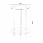 Dimension diagram of a 2-tier acrylic round side table, showing 12" diameter tabletop and 20" total height