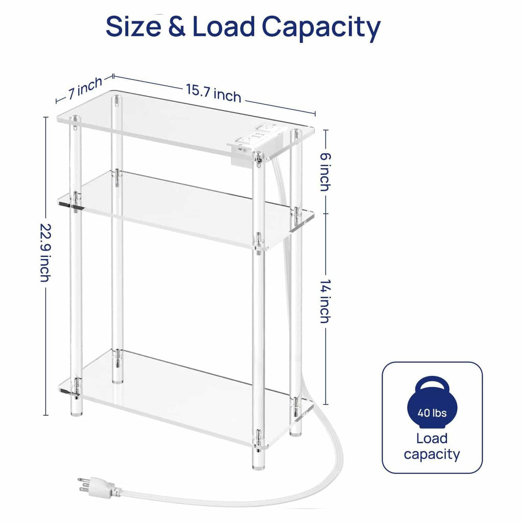 Size and load capacity diagram of a 3-tier acrylic side table, showing 15.7" x 7" tabletop, 22.9" height, and 40 lbs load capacity