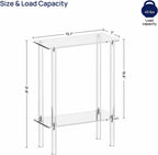 Size and load capacity diagram of a 2-tier acrylic side table, showing 15.7" x 7" tabletop and 40 lbs load capacity