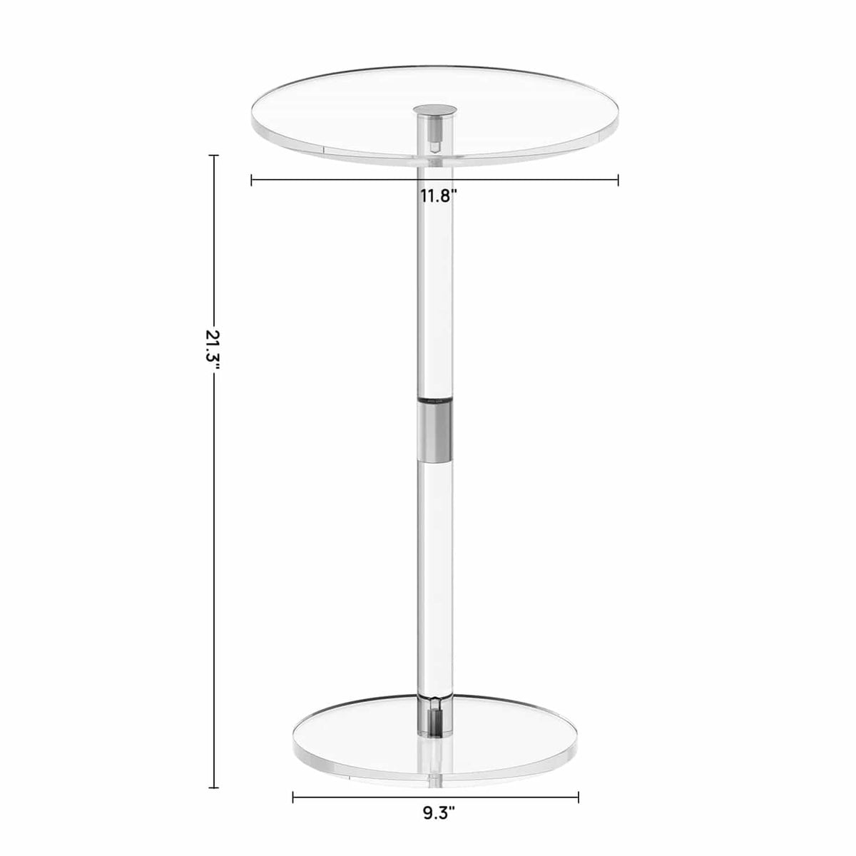 Detailed dimension diagram of a clear acrylic side table, with 11.8" tabletop, 9.3" base, and 21.3" total height