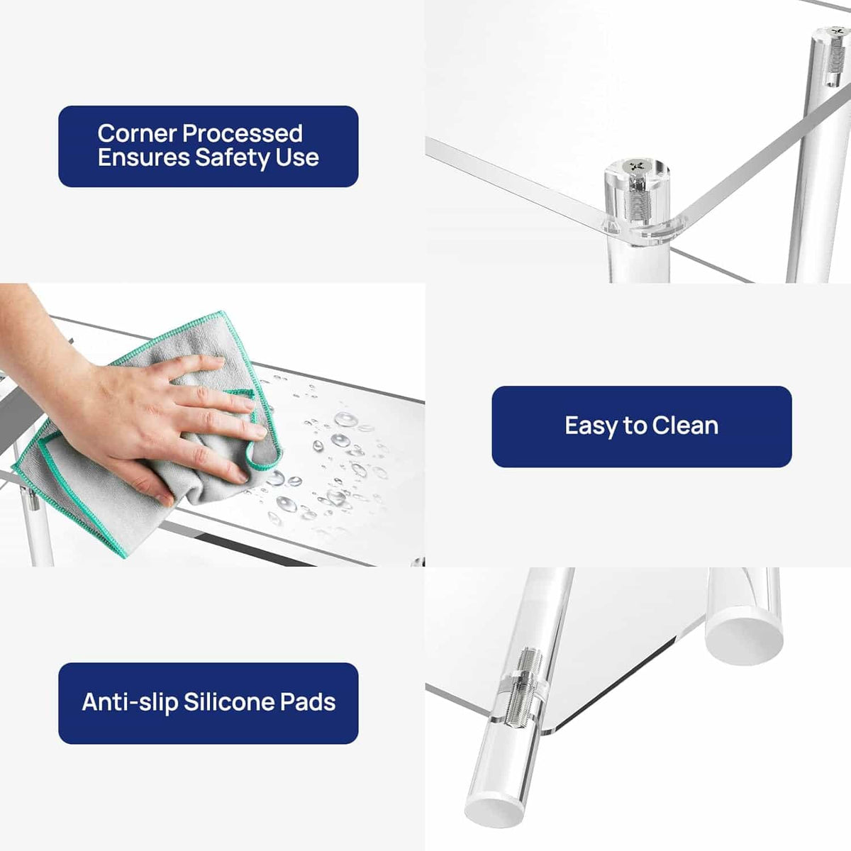 Feature demonstration of a 3-tier acrylic side table, highlighting smooth corners, anti-slip pads, and easy-to-clean surface