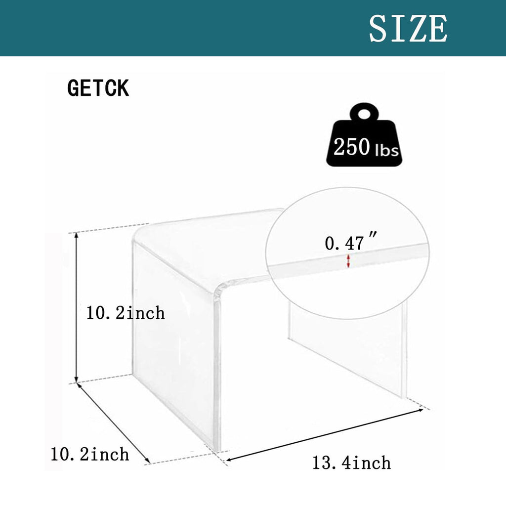Acrylic step stool size specs: 13.4"L × 10.2"W × 10.2"H, 0.47" thick, 250lbs weight capacity