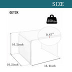 Acrylic step stool size specs: 13.4"L × 10.2"W × 10.2"H, 0.47" thick, 250lbs weight capacity