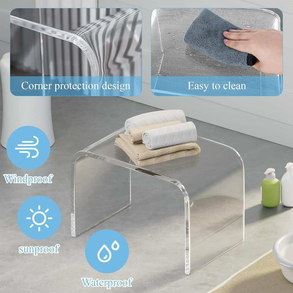 Clear acrylic step stool with corner protection, waterproof, sunproof, and easy to clean features