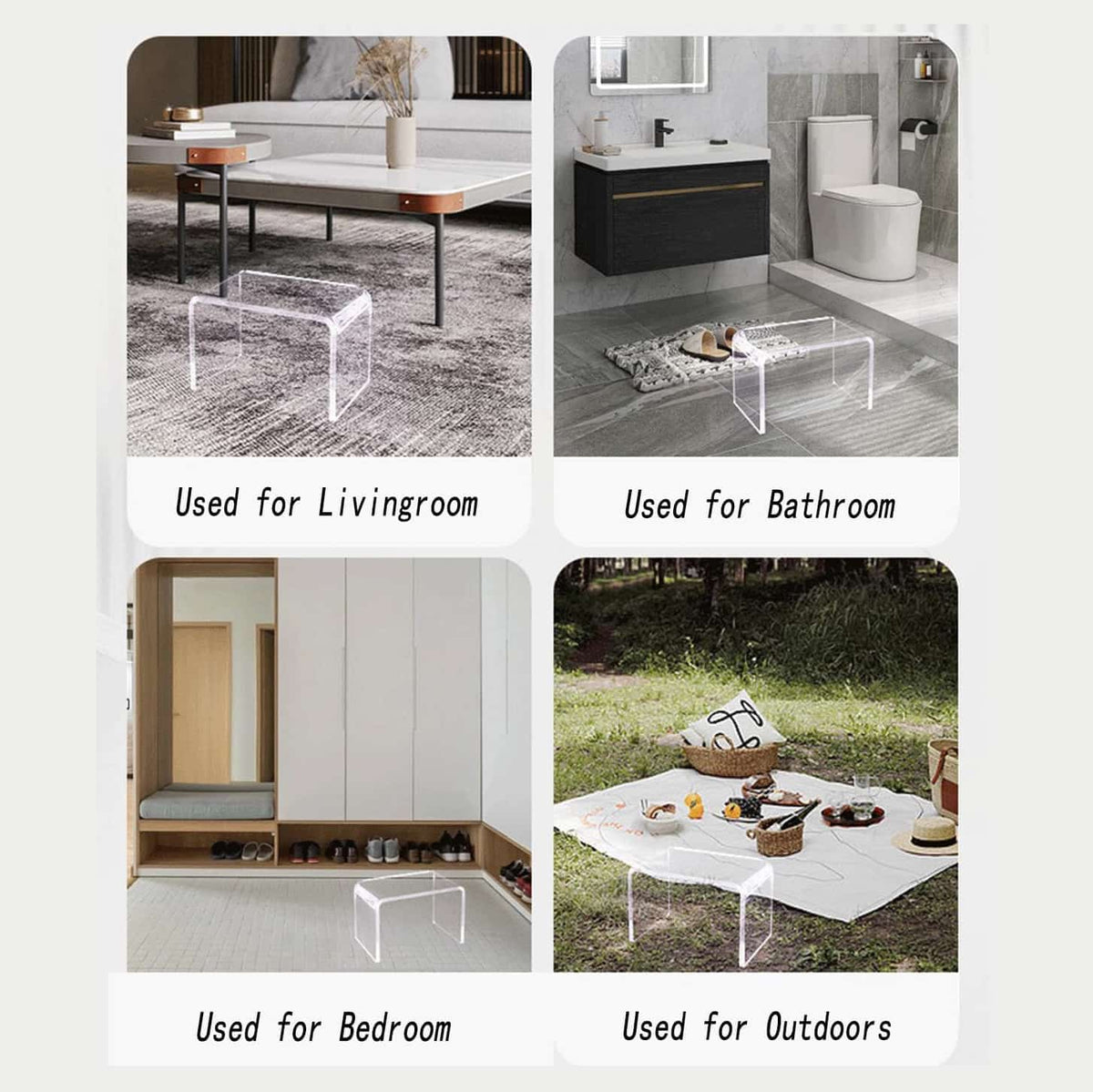 Multi-functional acrylic step stool used in living room, bathroom, bedroom, and outdoor picnic